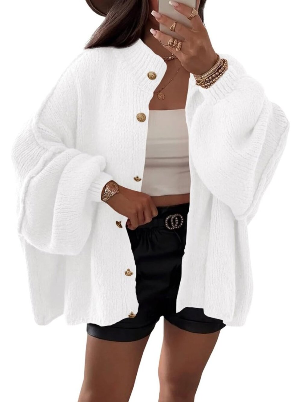 Women's White Lantern Sleeve Button Down Casual Chunky Knit Cardigan Sweater
